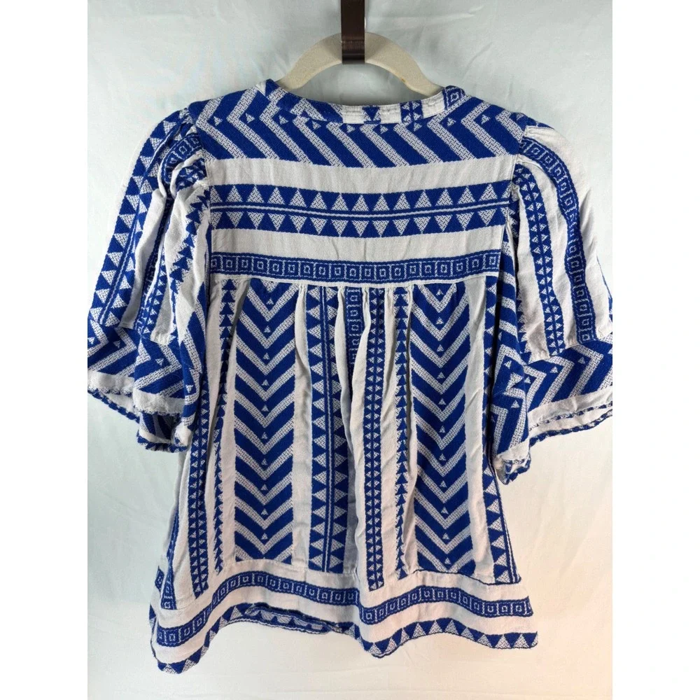 Old Navy Blue White Geometric Tribal Babydoll Blouse Top Womens Small Boho